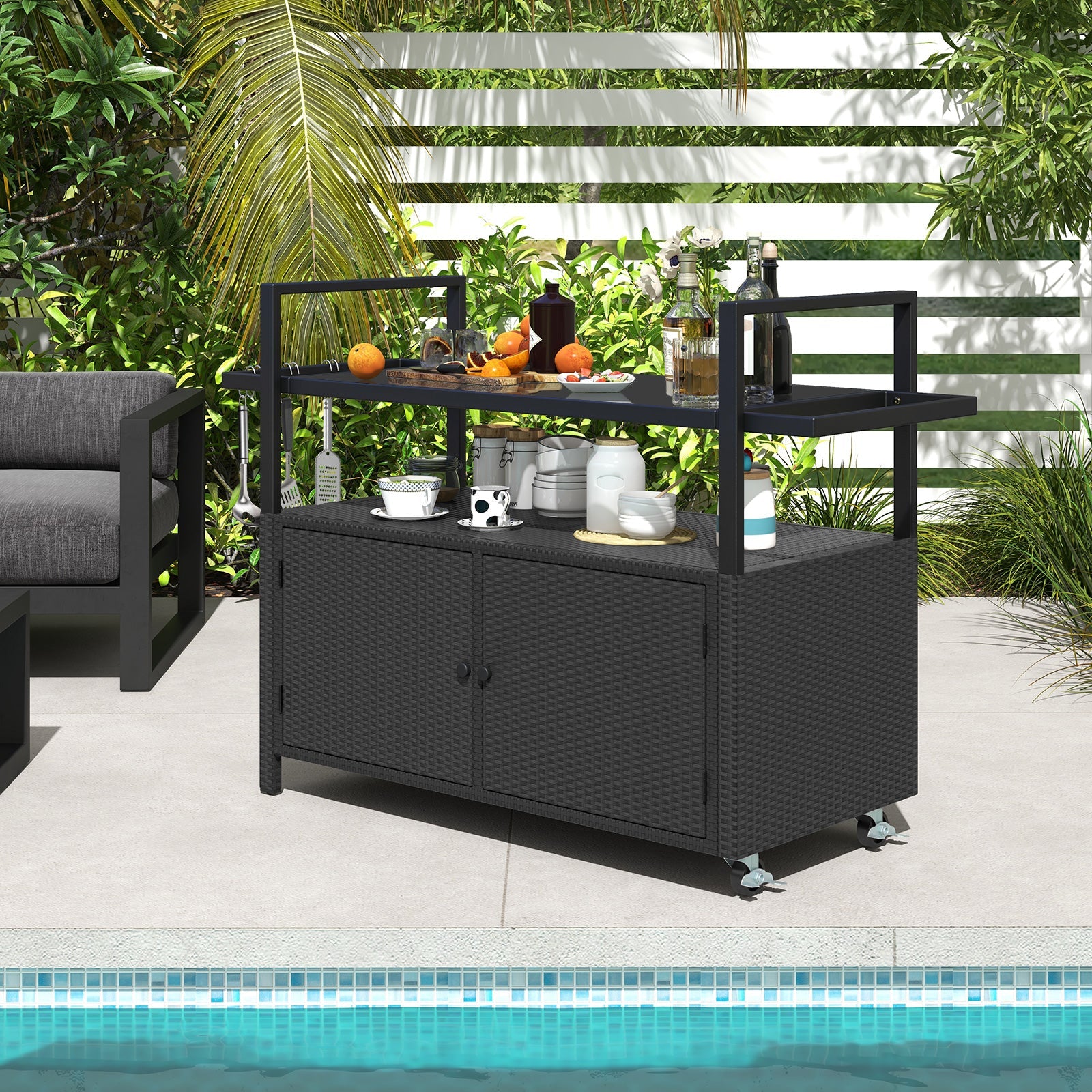 Outdoor Bar Cart Wicker Buffet Serving Cart with Cabinet and 8 Hooks