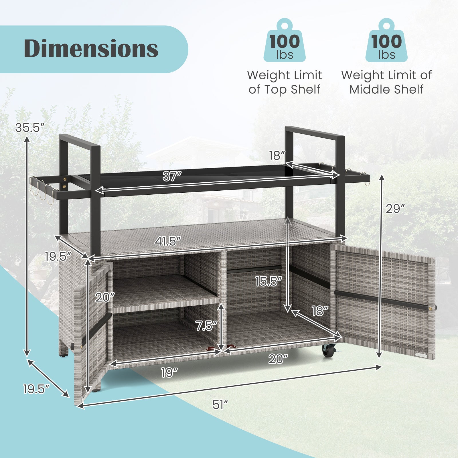Outdoor Bar Cart Wicker Buffet Serving Cart with Cabinet and 8 Hooks