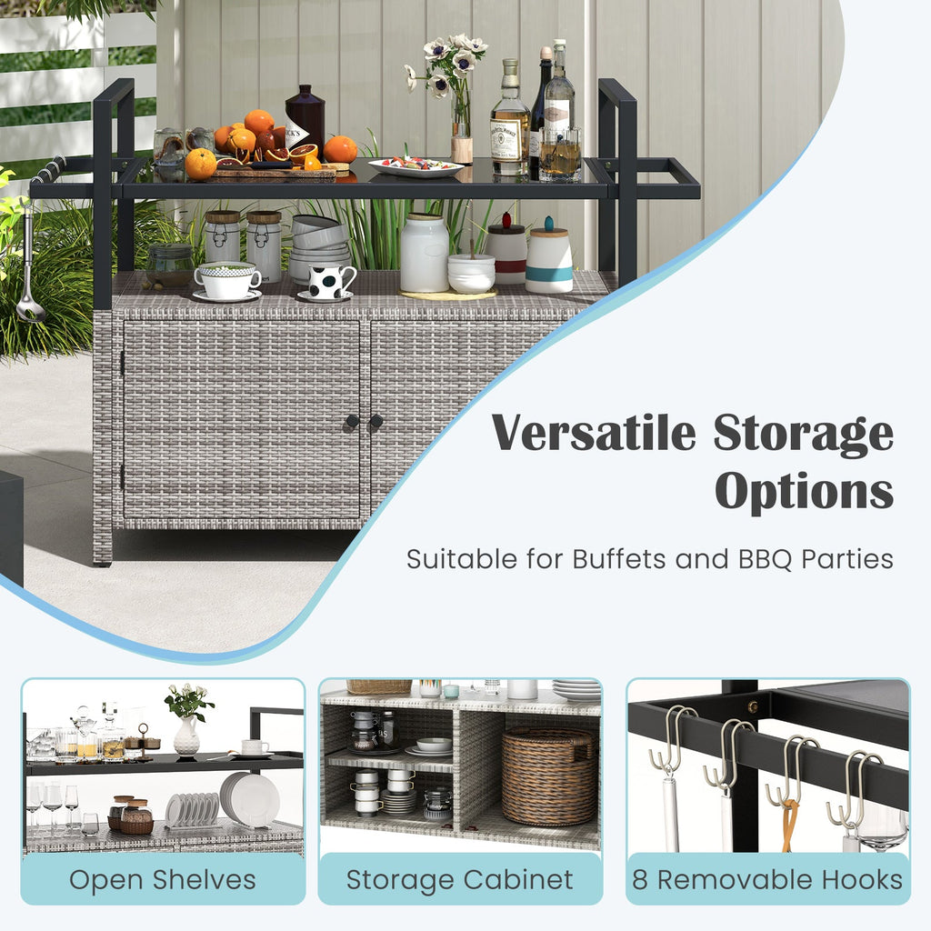 Outdoor Bar Cart Wicker Buffet Serving Cart with Cabinet and 8 Hooks