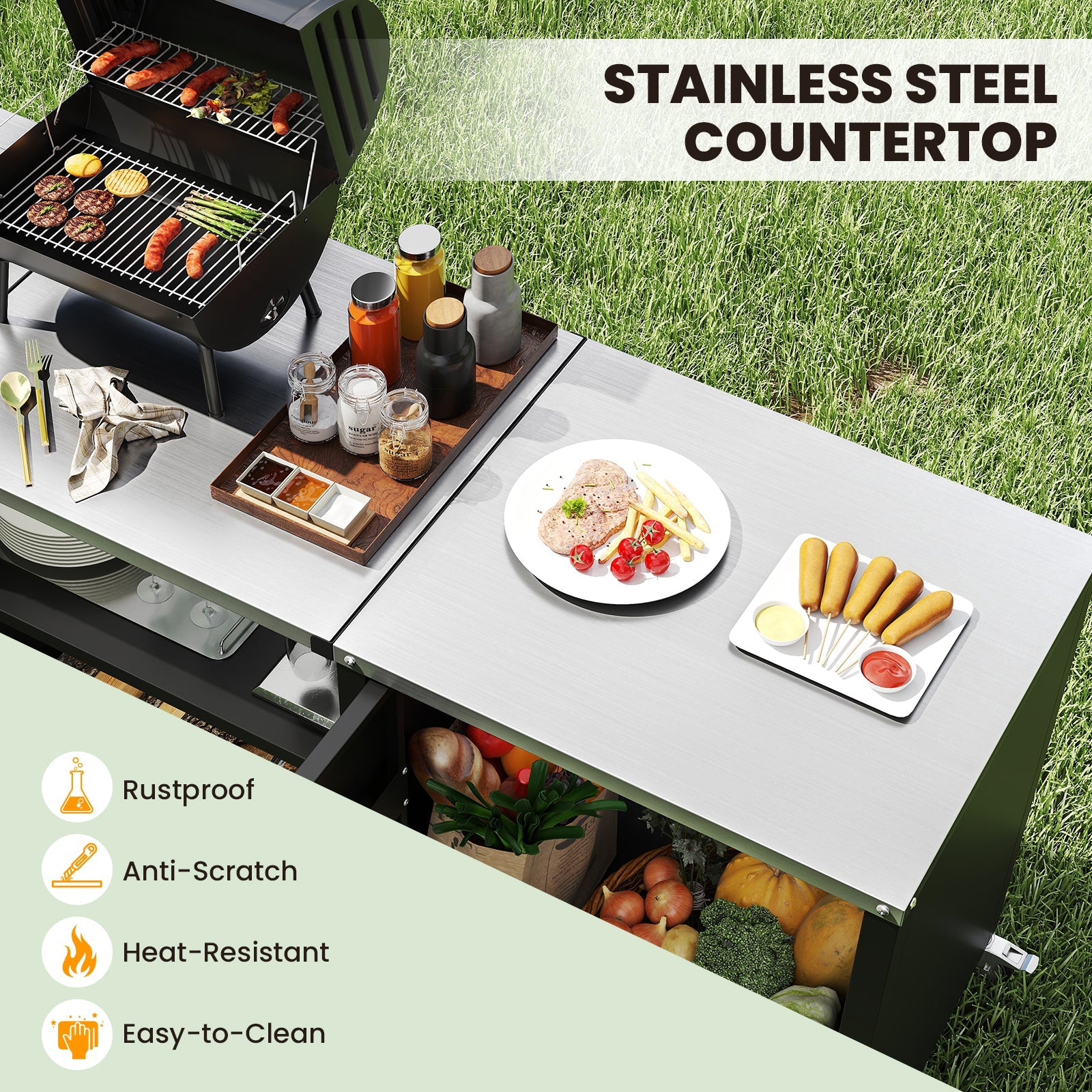 Outdoor Grill Table with Sink and Drainage Heavy Duty Metal Grill Cart-Black