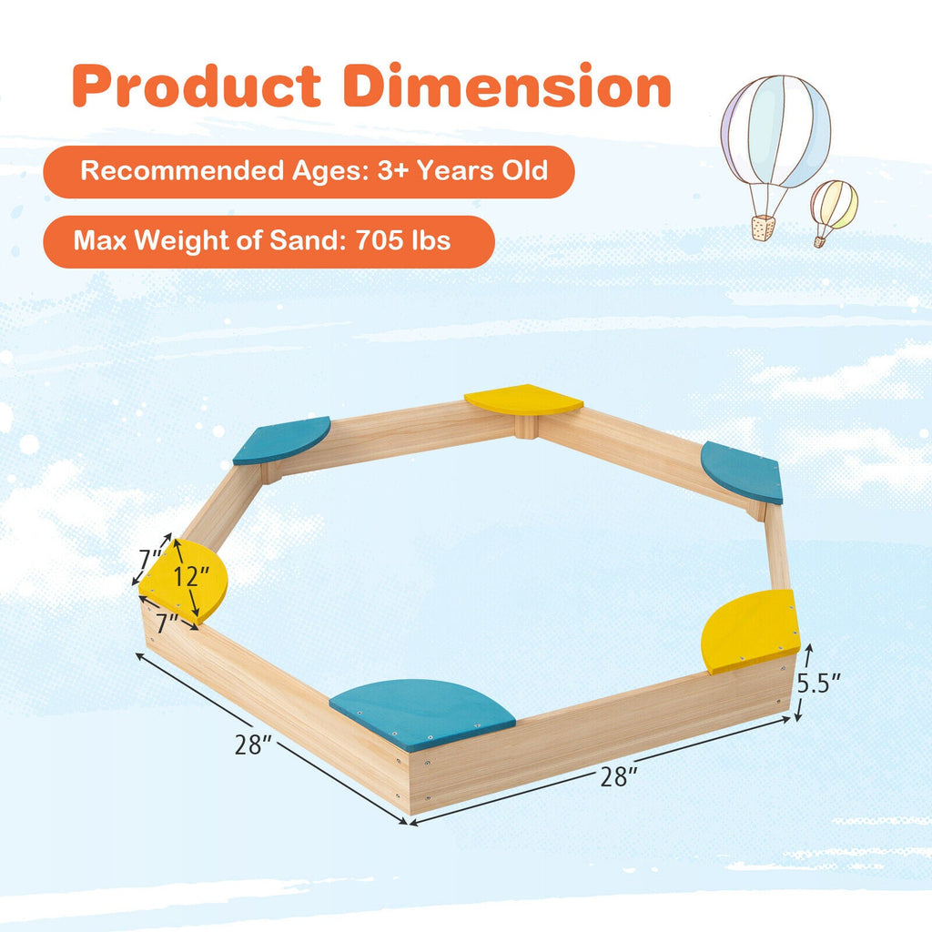 Outdoor Solid Wood Sandbox with 6 Built-in Fan-shaped Seats