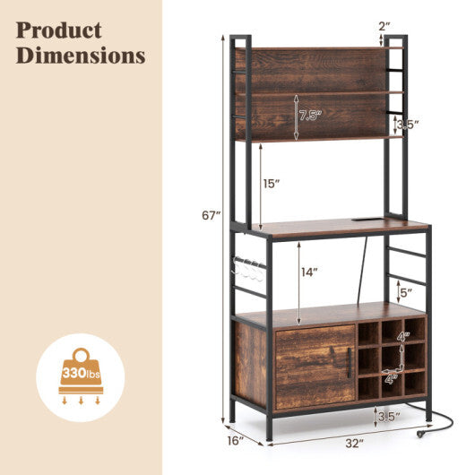 Coffee Bar Cabinet with Built-in Power Outlet and S-Shaped Hooks