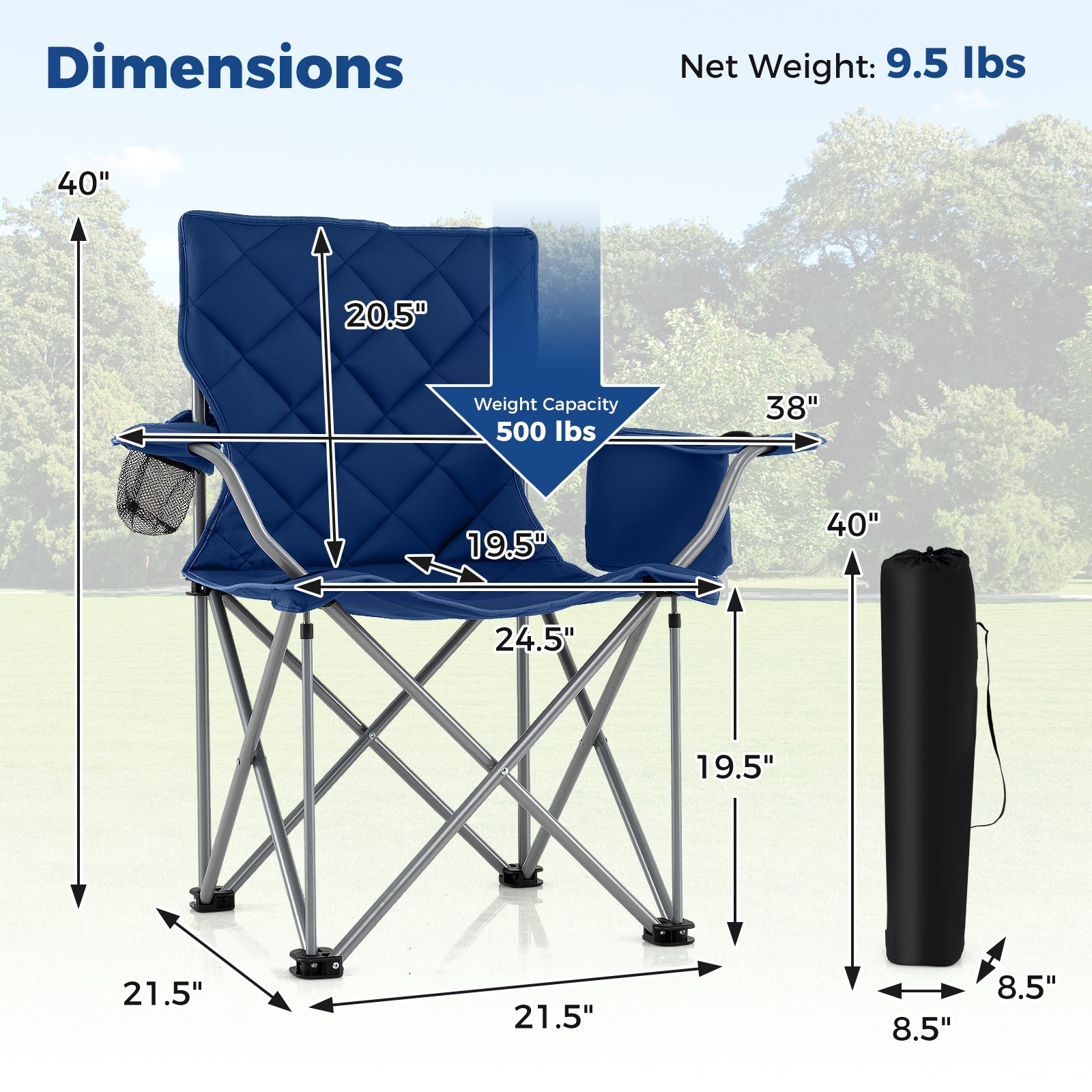 Oversized Camping Chairs Outdoor Folding Chair with Cooler Pouch and Cup Holder