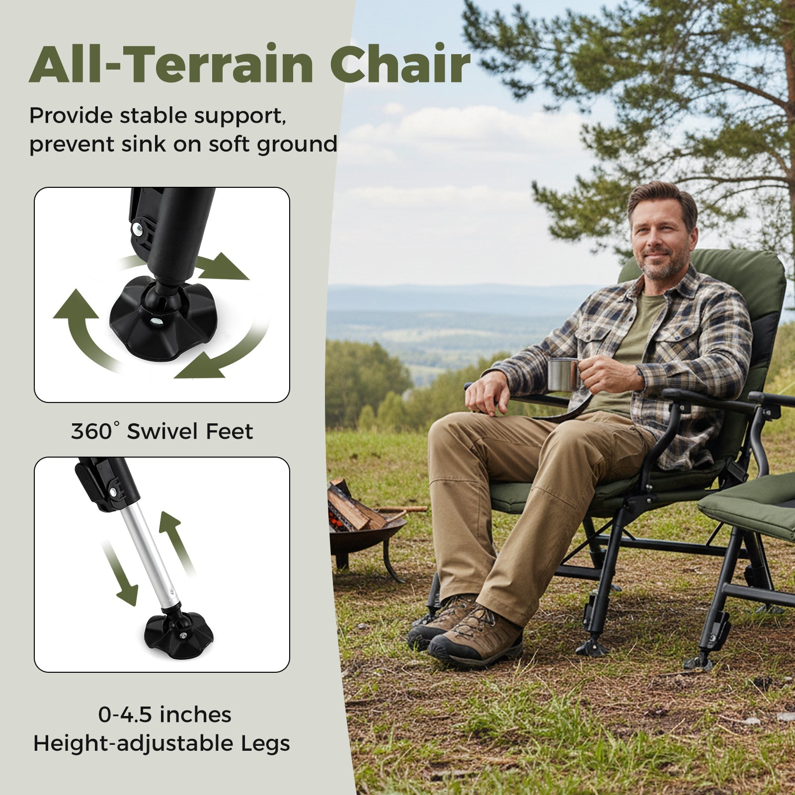 Oversized Foldable Fishing Chair for Adults with Armrest-Green