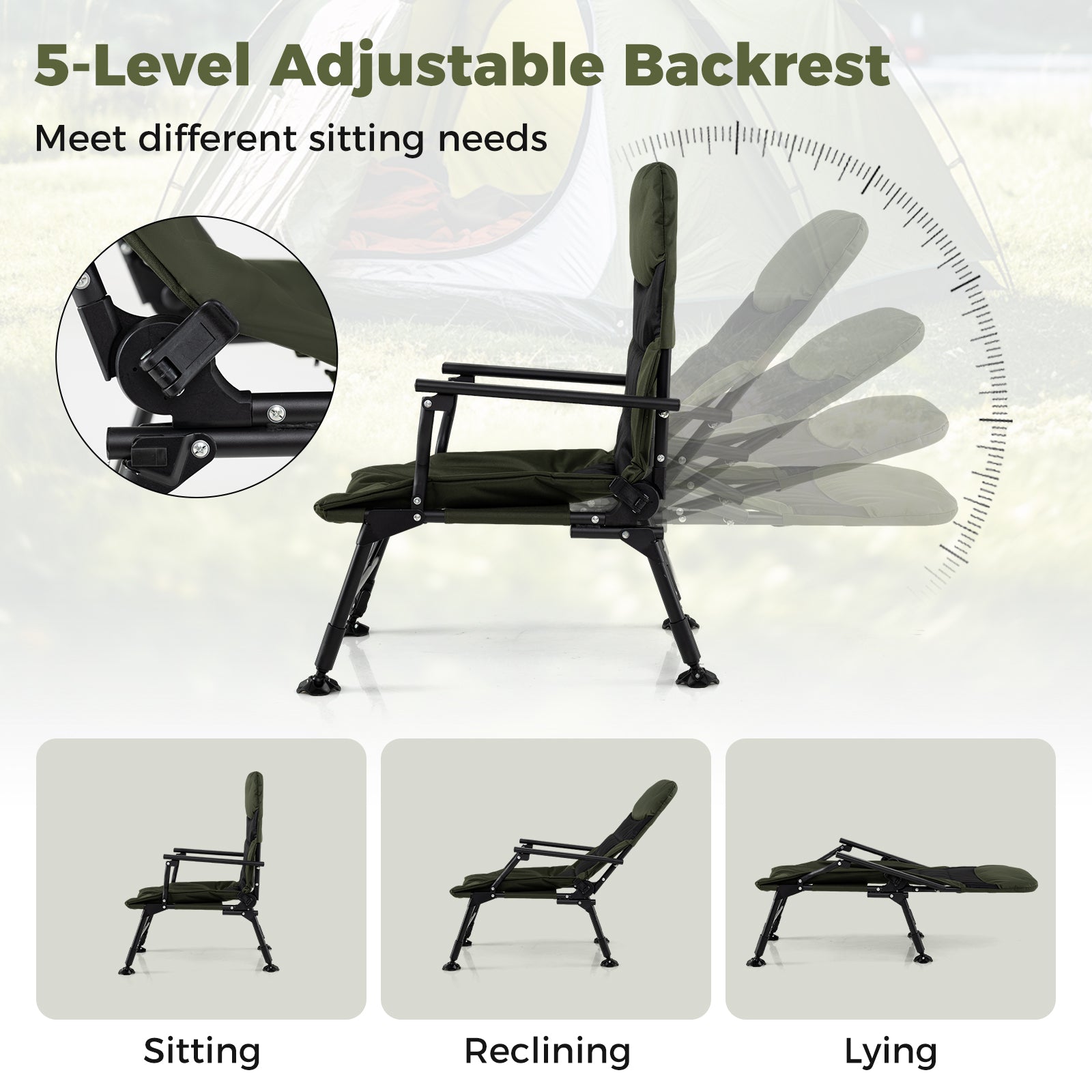 Oversized Foldable Fishing Chair for Adults with Armrest-Green