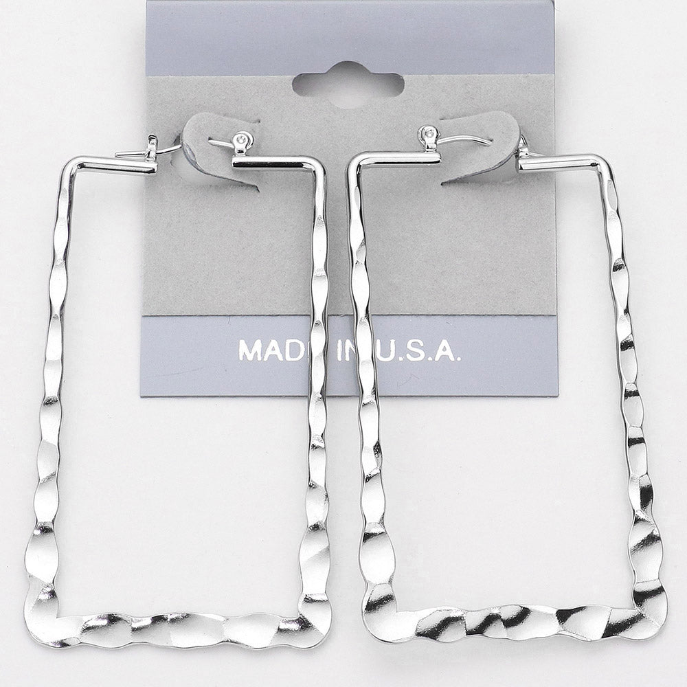 Textured Metal Rectangle Pin Catch Hoop Earrings
