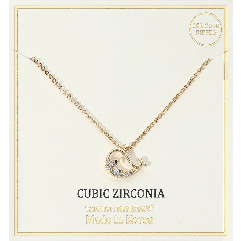 18K Gold Dipped CZ Stone Paved Whale Pendant Necklace