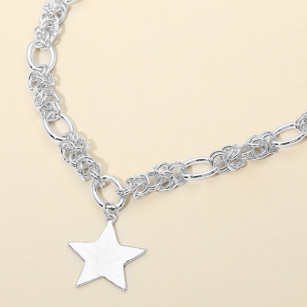 Hammered Metal Star Pendant Chunky Mixed Chain Necklace