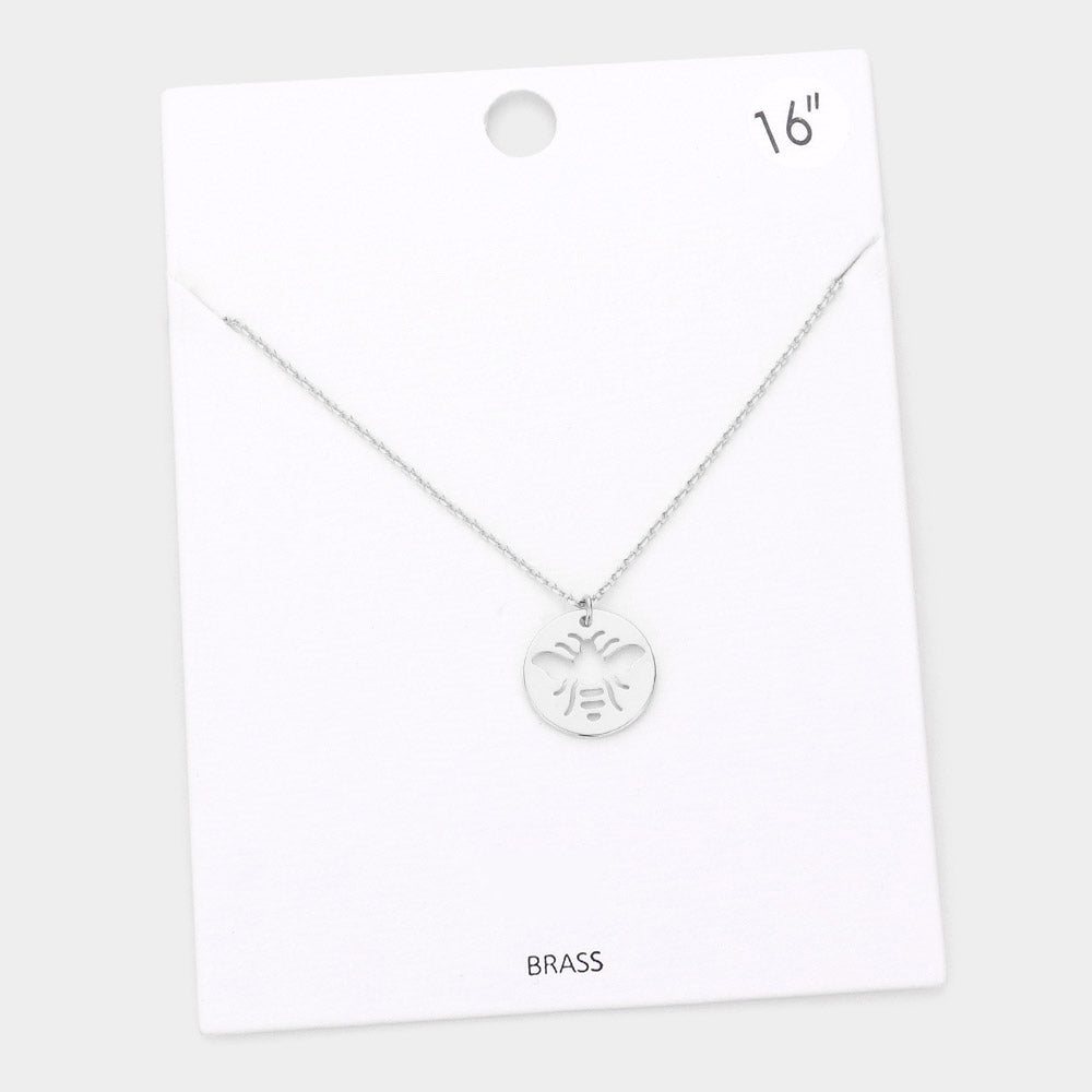 Brass Metal Cutout Honey Bee Disc Pendant Necklace