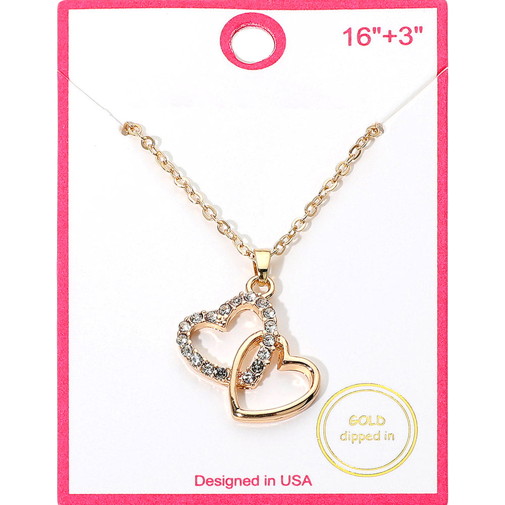 Gold Dipped Rhinestone Paved Layered Double Heart Pendant Necklace