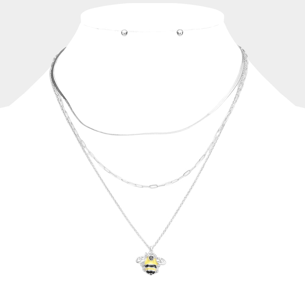 Stone Embellished Enamel Honey Bee Pendant Triple Layered Necklace