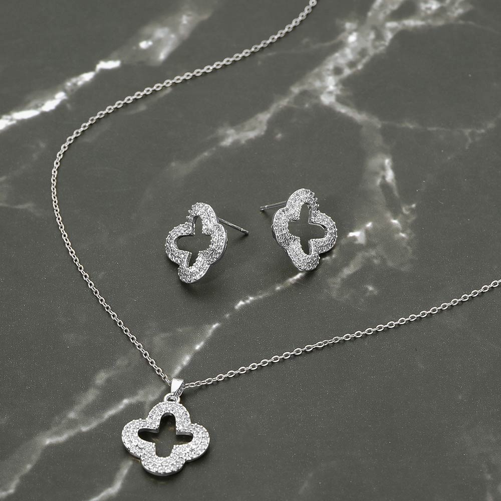 Stainless Steel Stone Pave Open Quatrefoil Pendant Necklace