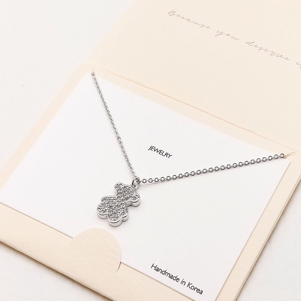 CZ Embellished Metal Bear Pendant Necklace