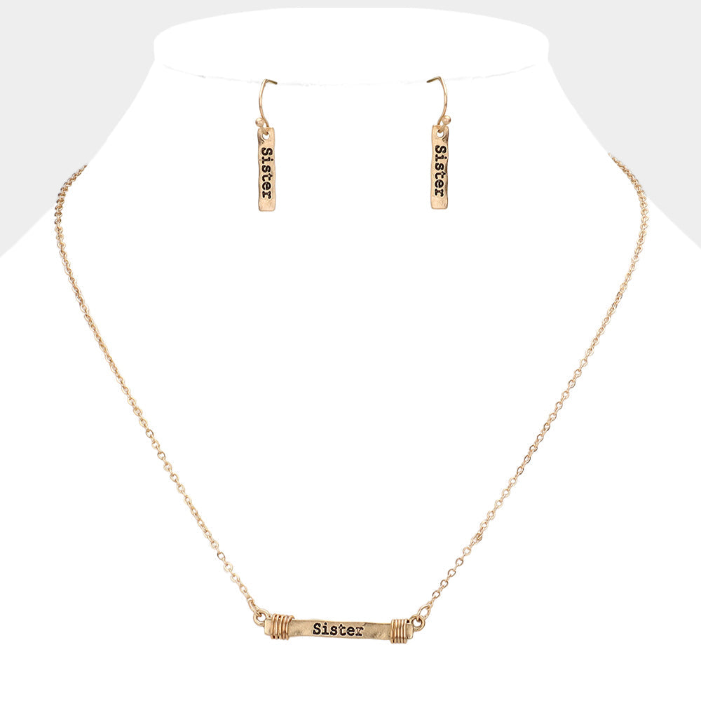 "SISTER" Irregular Horizontal Metal Bar Pendant Necklace