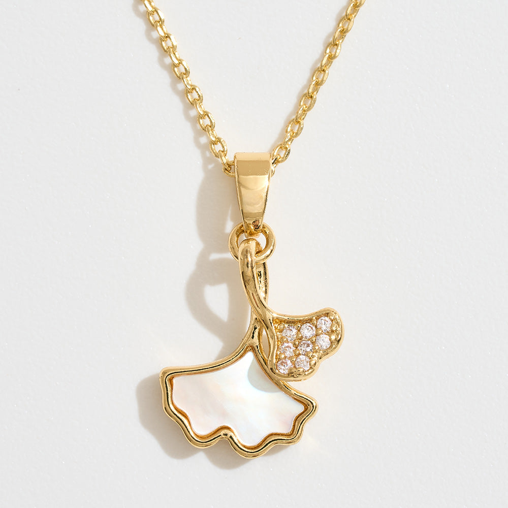 14k Gold Dipped CZ Stone Paved Mother of Pearl Ginkgo Leaf Pendant Necklace