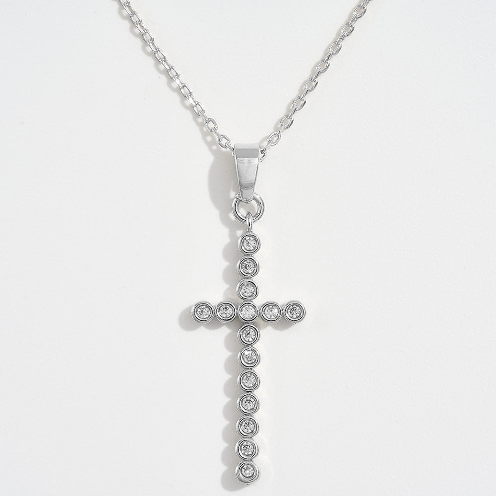 White Gold Dipped CZ Stone Bezel Cross Pendant Necklace