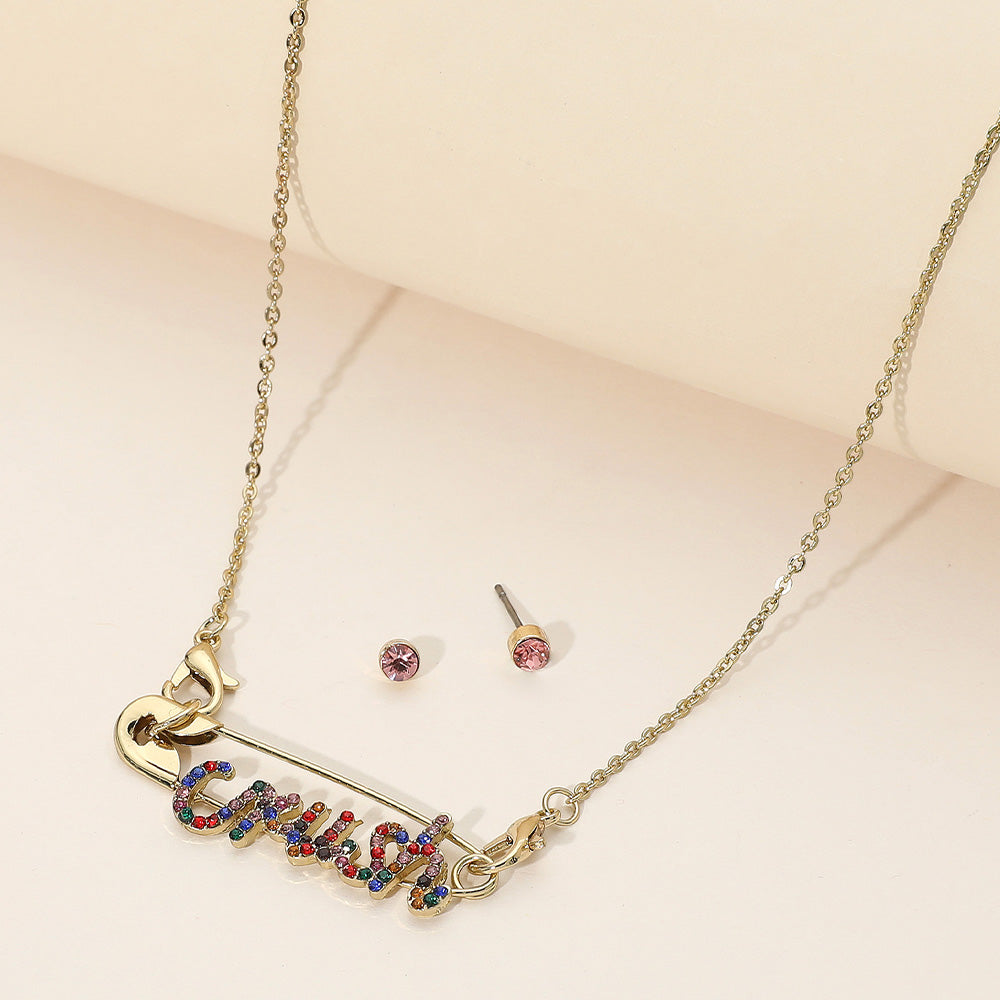 Rhinestone Paved CRUSH Message Pointed Safety Pin Pendant Necklace