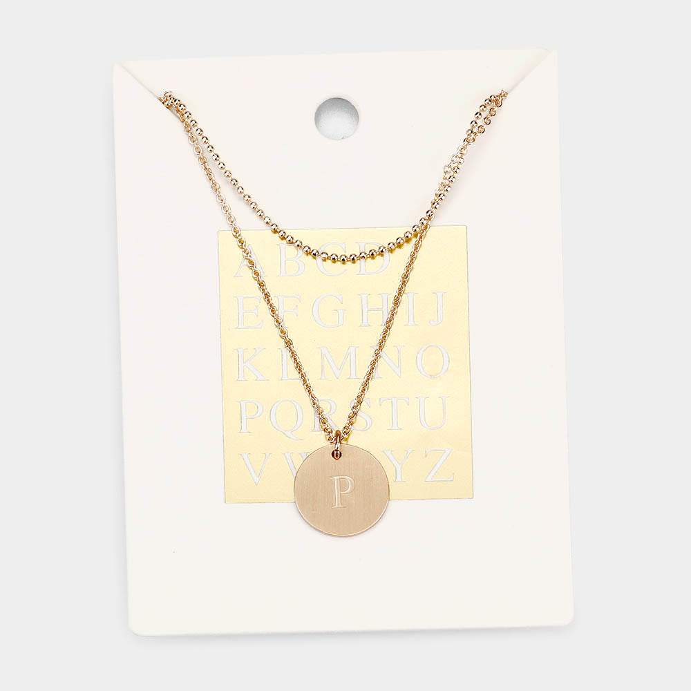 -P- Initial Monogram Round Metal Pendant Necklace