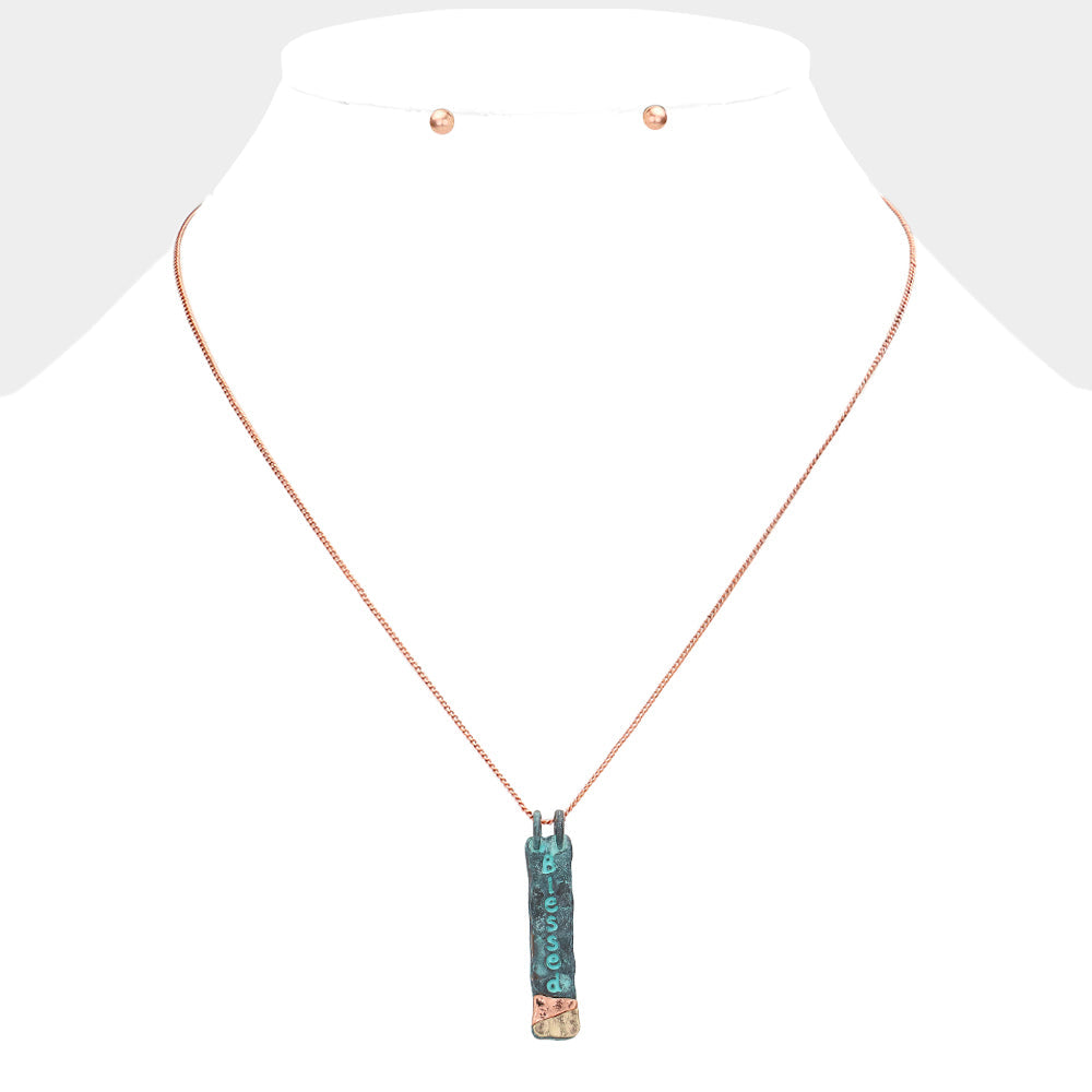 "Blessed" Hammered Metal Bar Pendant Necklace
