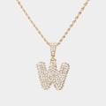 -W- Rhinestone Initial Monogram Pendant Brass Chain Necklace