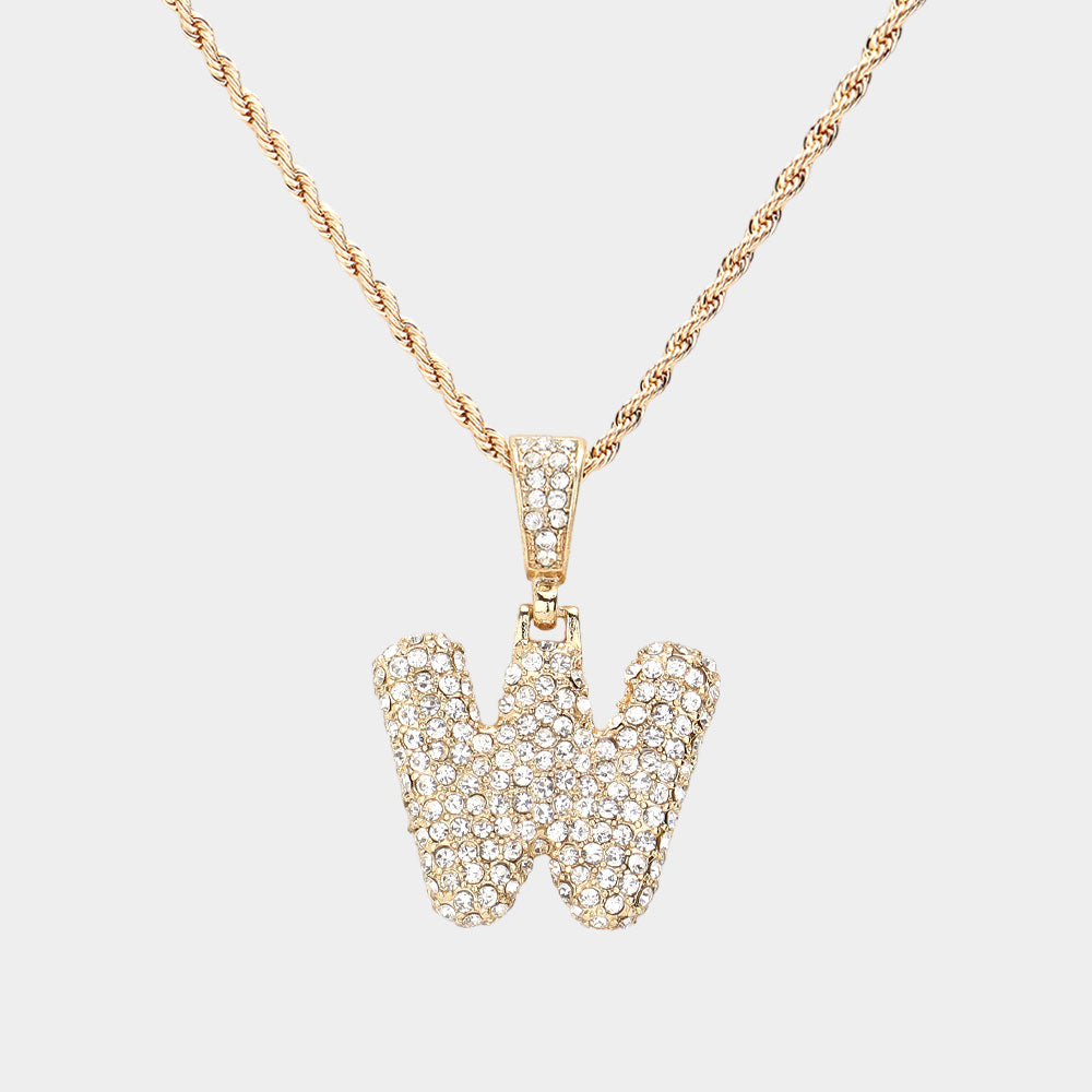 -W- Rhinestone Initial Monogram Pendant Brass Chain Necklace