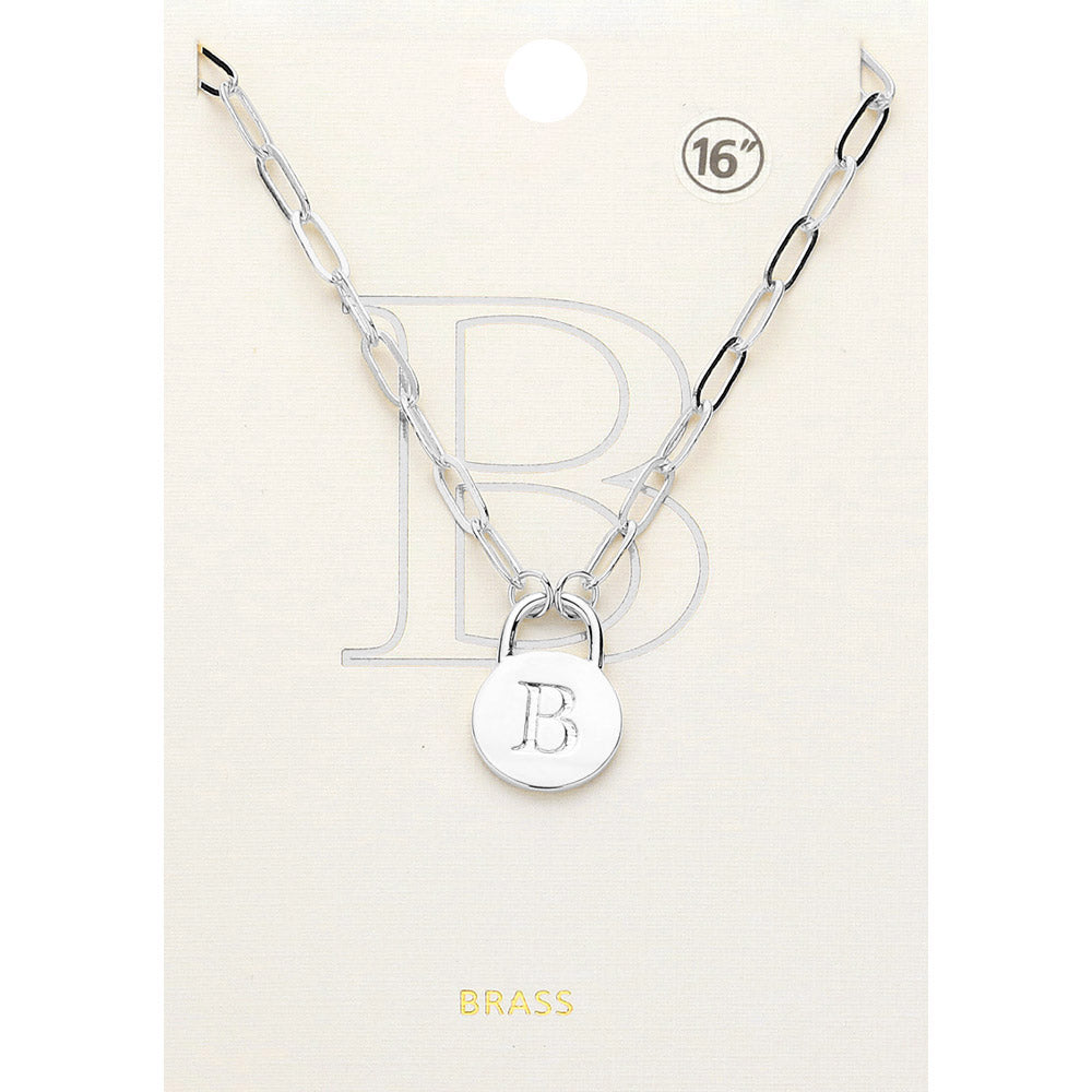 -B- Brass Metal Initial Monogram Lock Pendant Necklace