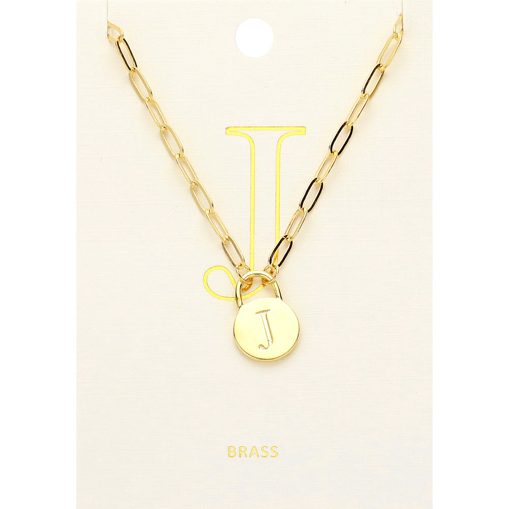 -J- Brass Metal Initial Monogram Lock Pendant Necklace