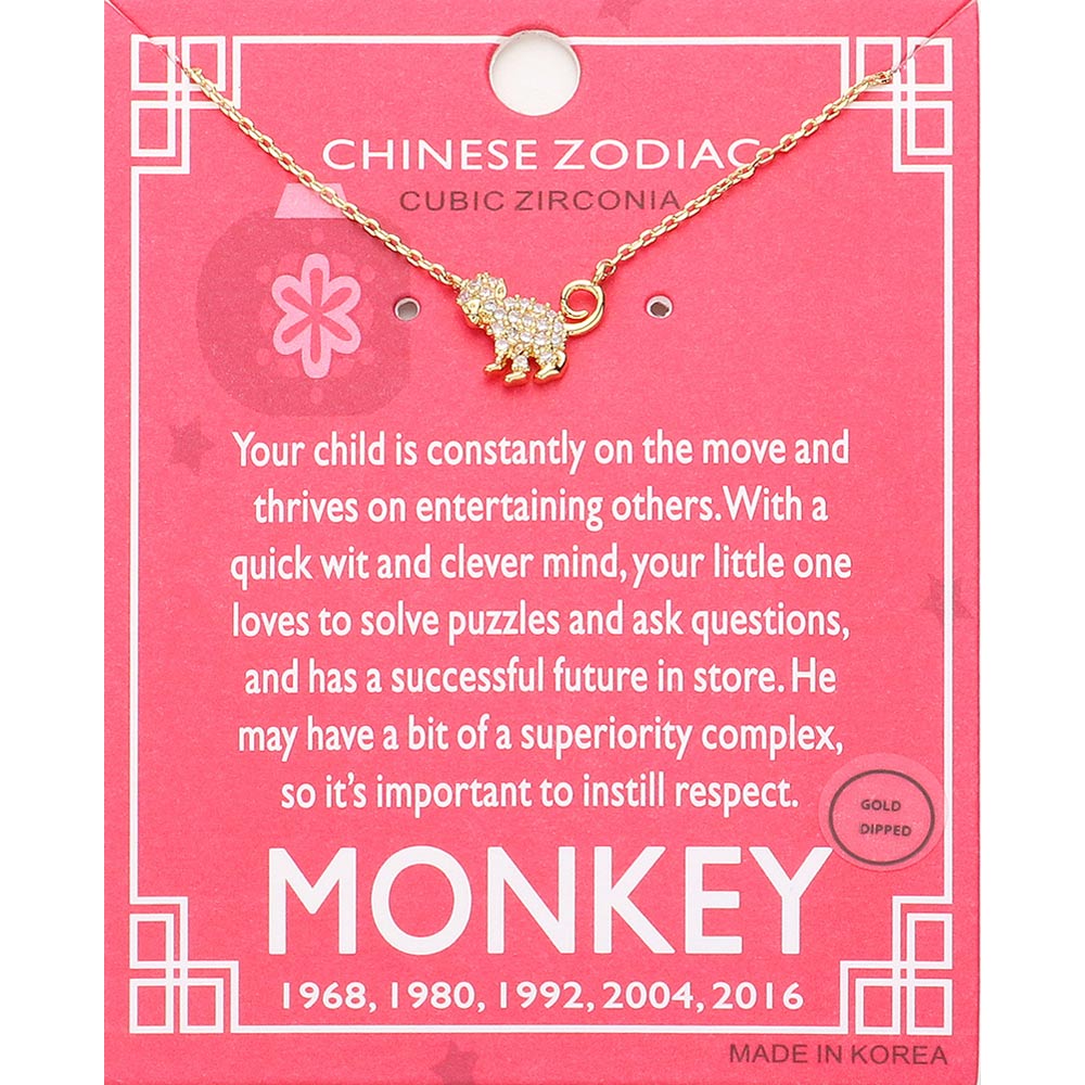 Lunar 12 Zodiac Gold Dipped CZ Monkey Pendant Necklace