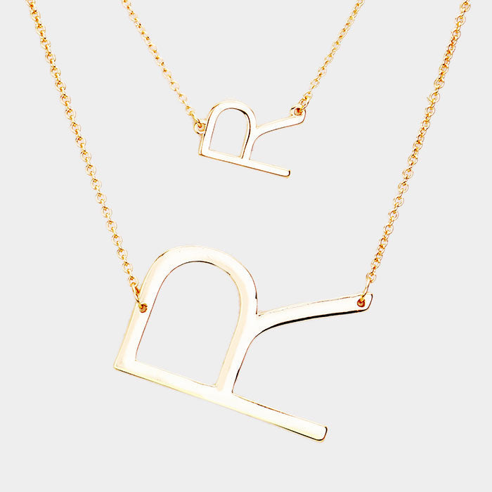 -R- Initial Monogram 2Row Strand Double Detachable Chain Necklace