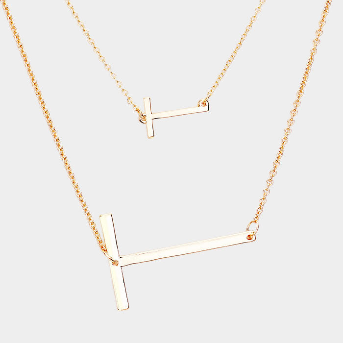 -T- Initial Monogram 2Row Strand Double Detachable Chain Necklace