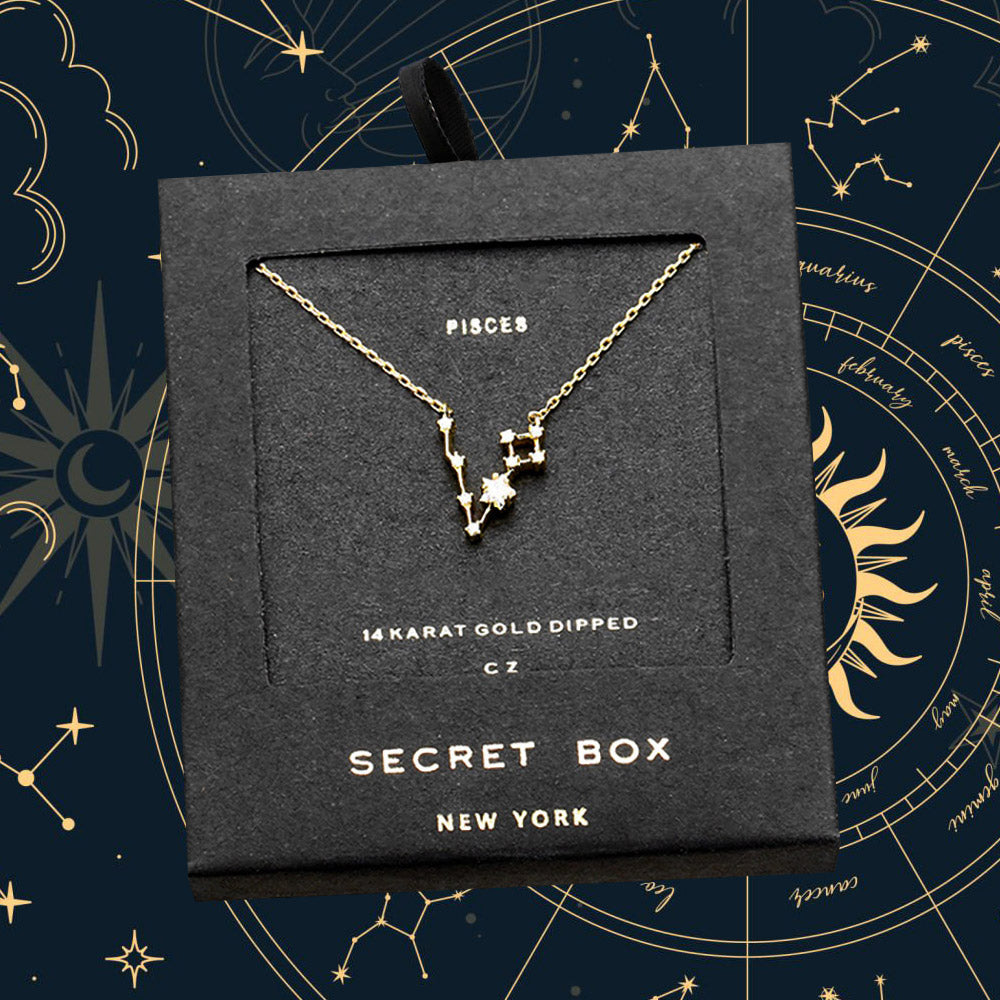 SECRET BOX _14K Gold Dipped CZ Pisces Zodiac Sign Pendant Necklace