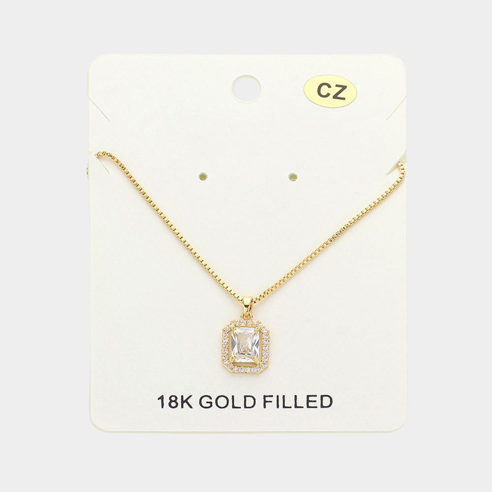 18K Gold Filled CZ Stone Square Pendant Necklace
