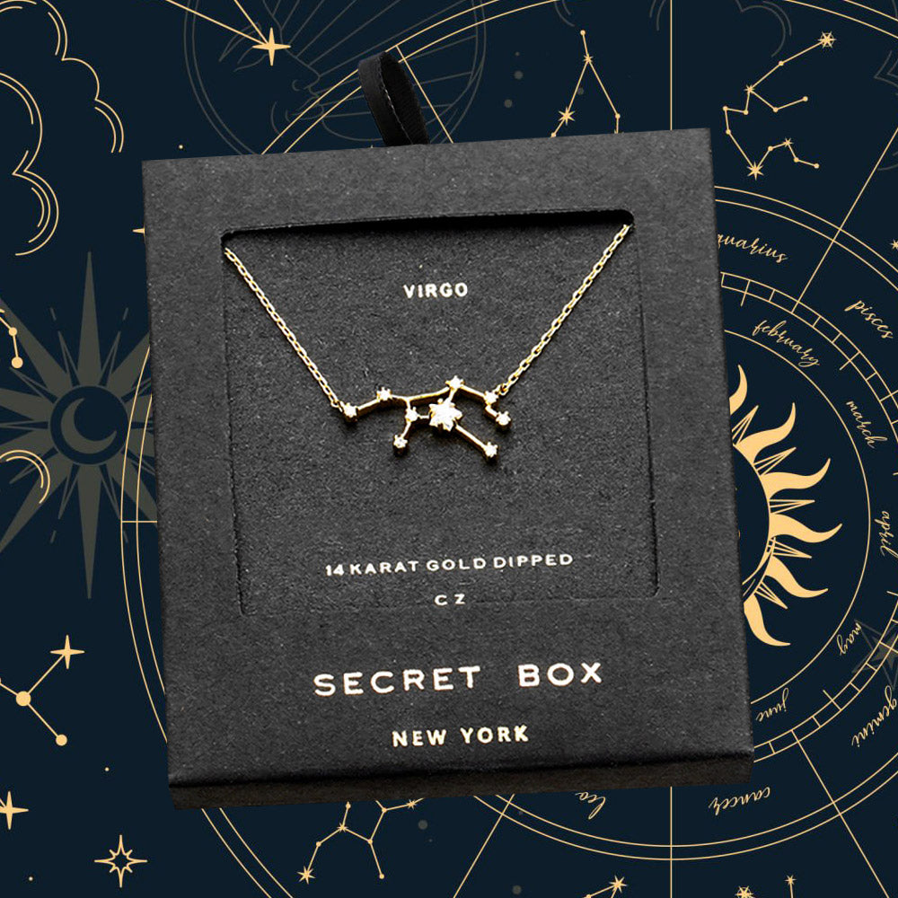 SECRET BOX_14K Gold Dipped CZ Virgo Zodiac Sign Pendant Necklace