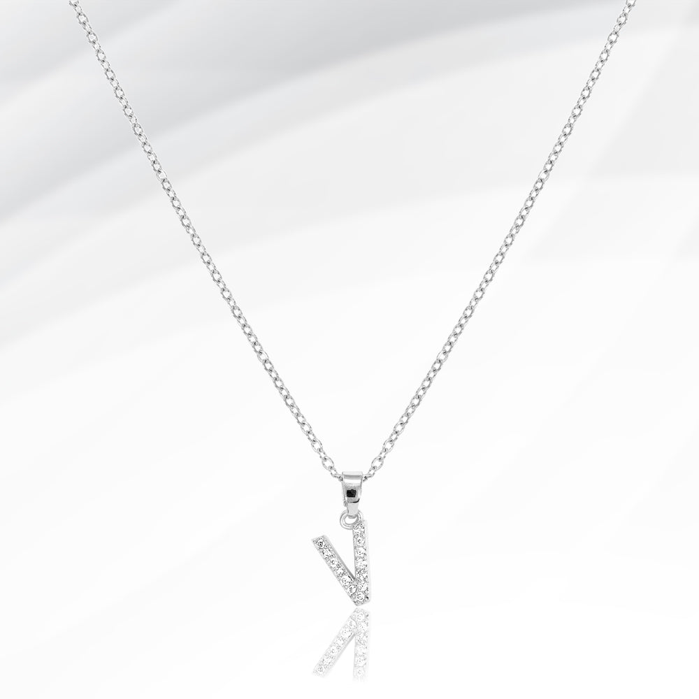 -V- Stainless Steel CZ Stone Paved Initial Monogram Pendant Necklace