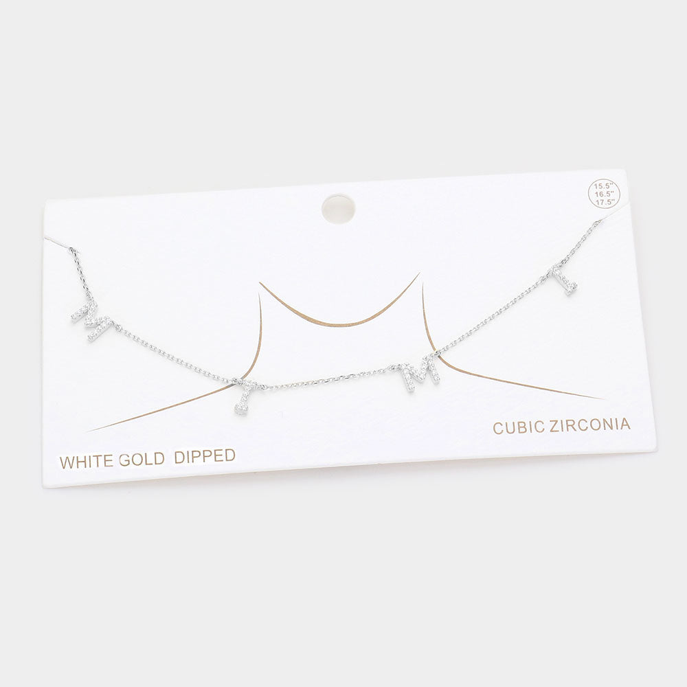 White Gold Dipped CZ MIMI Message Pendant Necklace