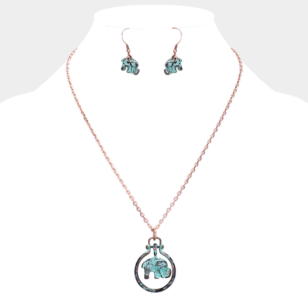 Elephant Metal Open Circle Pendant Necklace