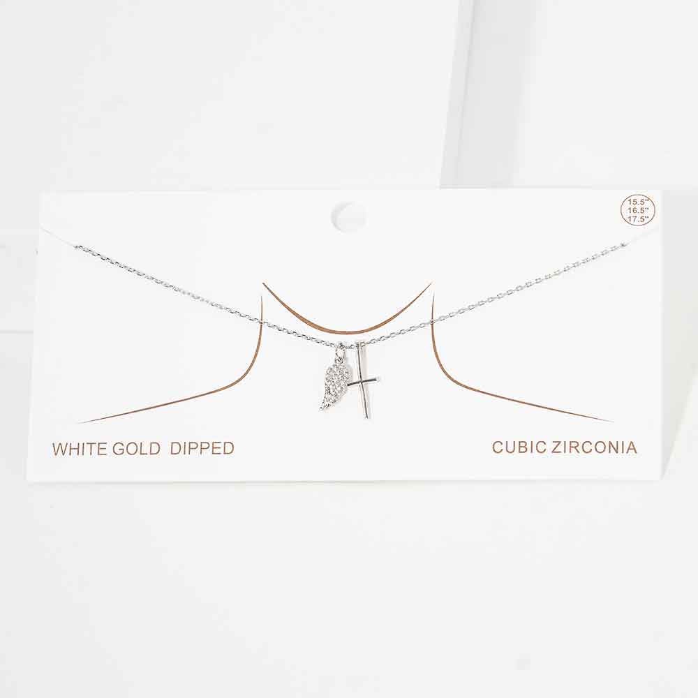 White Gold Dipped CZ Embellished Metal Wing Cross Pendant Necklace