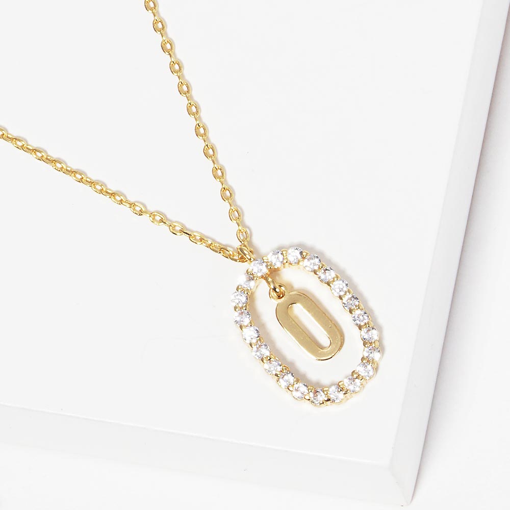 -O- Gold Dipped Metal Initial Monogram Rhinestone Oval Link Pendant Necklace
