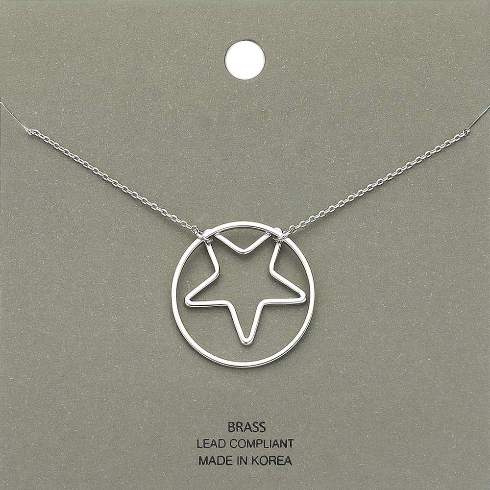 Brass Metal Open Circle Star Pendant Necklace