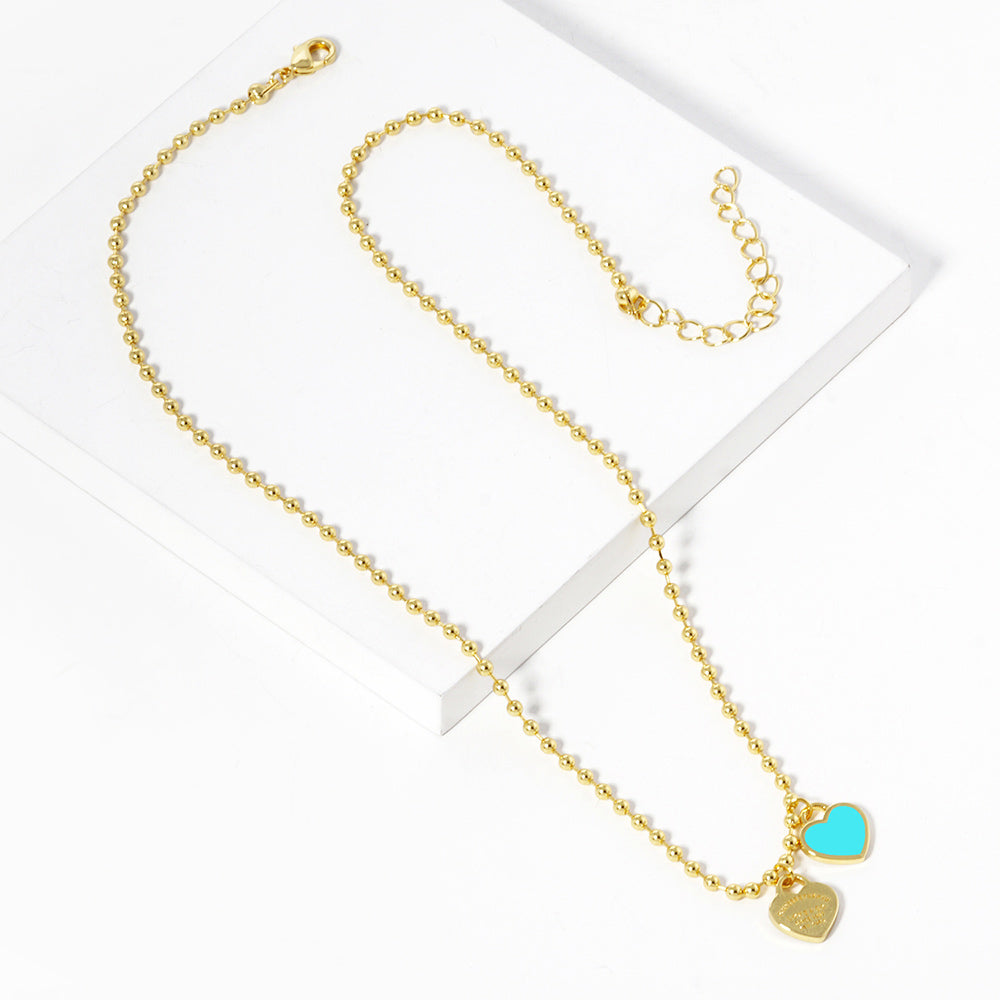Gold Dipped Double Heart Pendant Bubble Chain Necklace