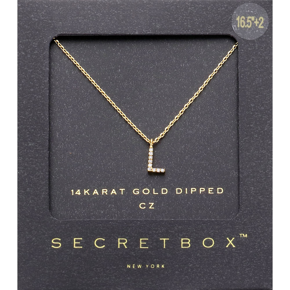 -L- Secret Box _ 14K Gold Dipped CZ Initial Monogram Pendant Necklace
