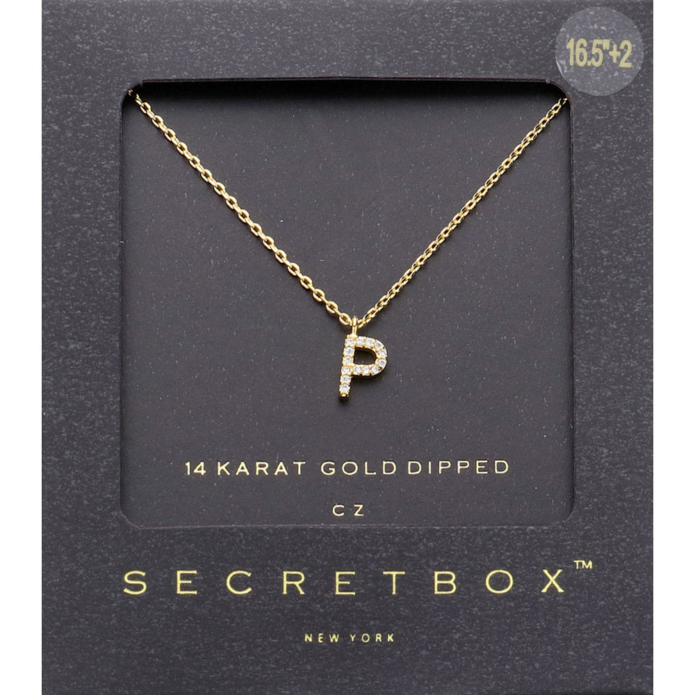 -P- Secret Box _ 14K Gold Dipped CZ Initial Monogram Pendant Necklace