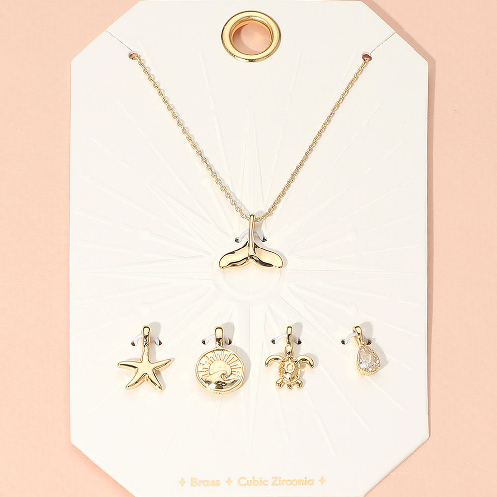 Metal Whale Tale Starfish Turtle Sun CZ Teardrop Stone Charm Pendant Necklace