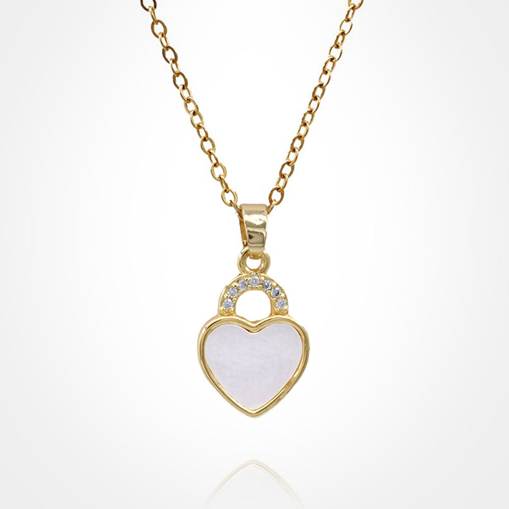 Stainless Steel CZ Stone Accent Mother of Pearl Heart Pendant Necklace
