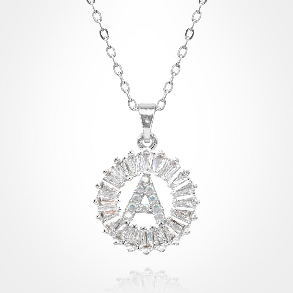 -A- Stainless Steel CZ Stone Embellished Round Initial Monogram Pendant Necklace