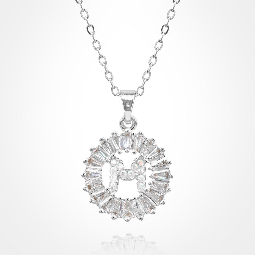 -M- Stainless Steel CZ Stone Embellished Round Initial Monogram Pendant Necklace