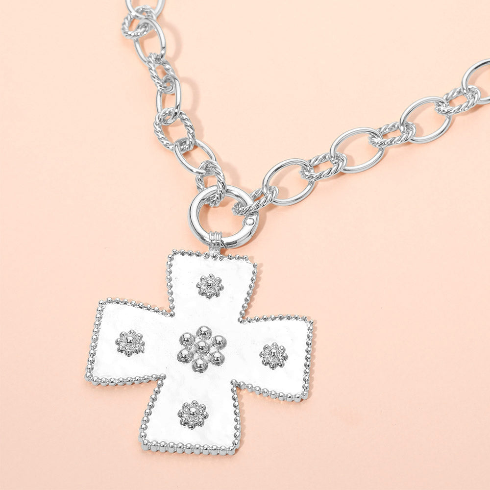 Floral Beaded Metal Cross Pendant Toggle Necklace