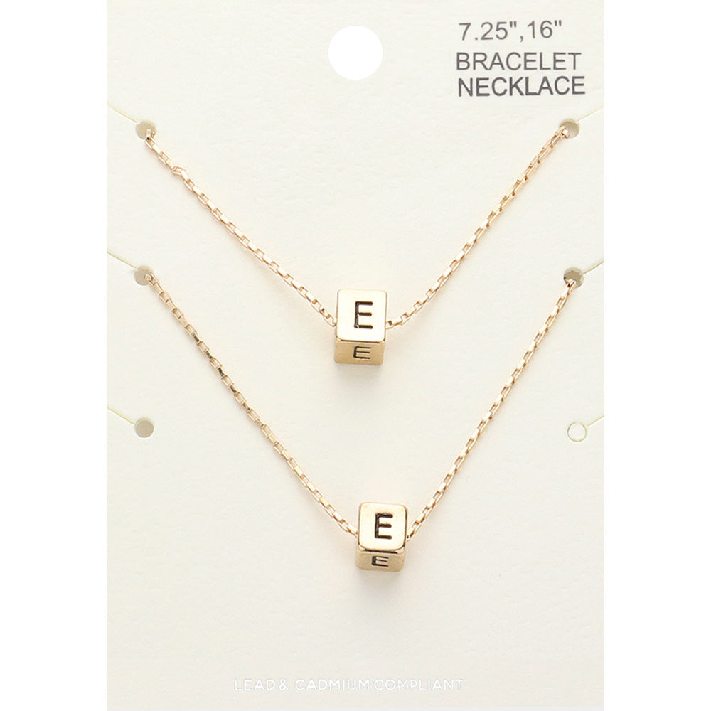 2PCS - -E- Initial Monogram Metal Cube Pendant Necklace / Bracelet Set