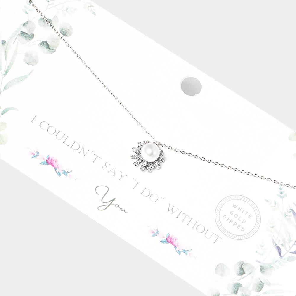 White Gold Dipped Pearl Accented CZ Trimmed Pendant Necklace