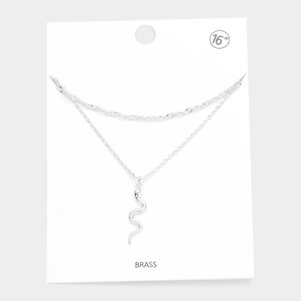 Brass Metal Snake Pendant Double Layered Necklace